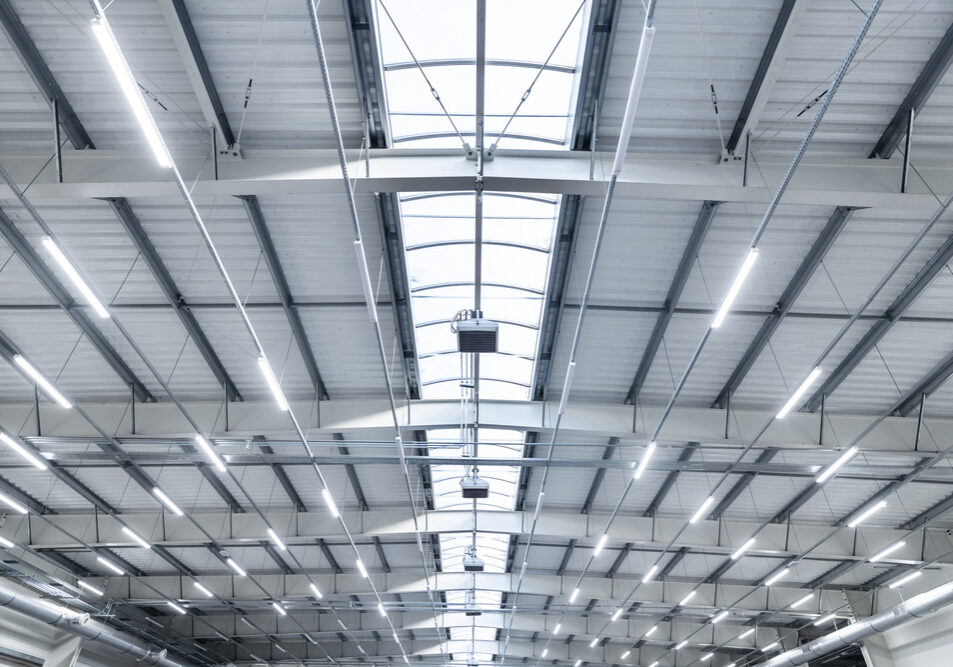 high performance industrial lights on warehouse ceiling